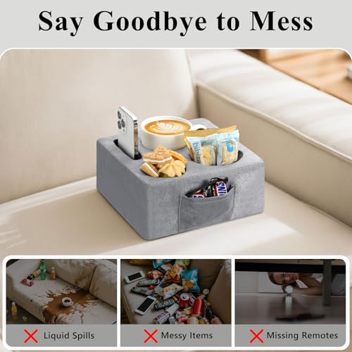 Luxspire Couch Cup Holder Tray, Couch Cup Holder Pillow with 4 Holes, Side Pocket and Handle, Couch Caddy Pillow for Phone/Drinks/Remote Control/Snacks, Gray - color: Gray