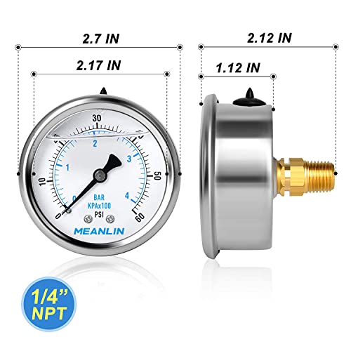 MEANLIN MEASURE 0~60Psi Stainless Steel 1/4" NPT 2.5" FACE DIAL,Liquid Filled Pressure Gauge,Pool Sand Filter Pressure Test Back Mount(Pack of 2) with 1/2" NPT and 3/8" NPT Hex Bushing - size: 0-60Psi (2Pcs)