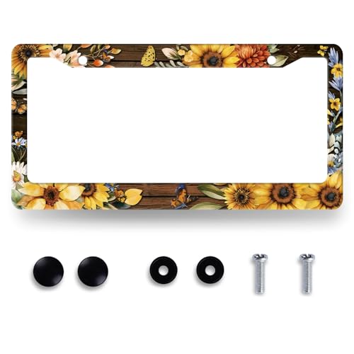 Sunflowers Butterfly License Plate Frame Rerto Yellow Flowers License Plate Holder for Front and Rear Car Tags Stainless Steel Colorful License Plate Car Decoration with Screws 12.2" x 6.2" - color: Sunflower With Butterfly In Wooden