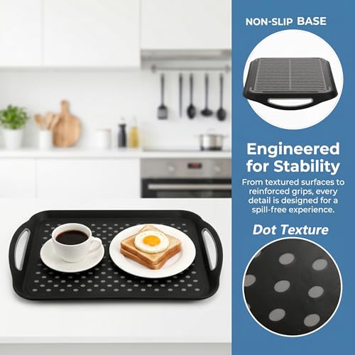 TOPZEA 2 Pack Non Slip Serving Trays with Handle, Plastic Cafeteria Fast Food Serving Tray, School Lunch Tray Rectangular Server Trays for Breakfast on Bed, Coffee Table, Car, Black