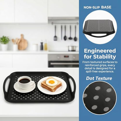 TOPZEA 2 Pack Non Slip Serving Trays with Handle, Plastic Cafeteria Fast Food Serving Tray, School Lunch Tray Rectangular Server Trays for Breakfast on Bed, Coffee Table, Car, Black