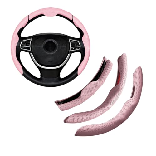Car Steering Wheel Cover, Nappa Leather 15 Inch Snap-On 3PCS Set Vehicle Steer Wheel Wrap Protector, Non-Slip Automotive Interior Protection Accessories, Universal Fit (Pink) - color: Pink