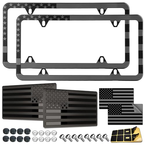 American Flag License Plate Frames - 2 Pack Black Stainless Steel Patriotic USA Car Tag Frame with UV-Printed Flag & 3D Metal Decals - style: Grey-Stainless steel-Slim