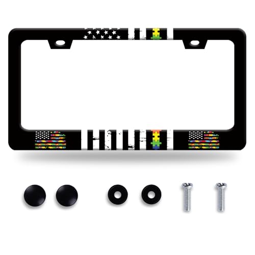 Autism Awareness American Flag License Plate Frame Funny Puzzle License Plate Frames Stainless Steel Accessories Cars Decor with 2 Holes and Screws Fits Standard Us Ca Vehicles Size 12.2 X 6 Inches - color: Autism Awareness American Flag
