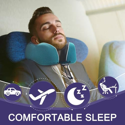 napfun Neck Pillow for Travel with Travel Pouch, Sleep Mask & Earplugs, Memory Foam Airplane Pillow for Headrest Sleep with Eyeshades, Plane Essentials with Eye Blindfold, Teal Striped Kit - color: Teal Striped Kit