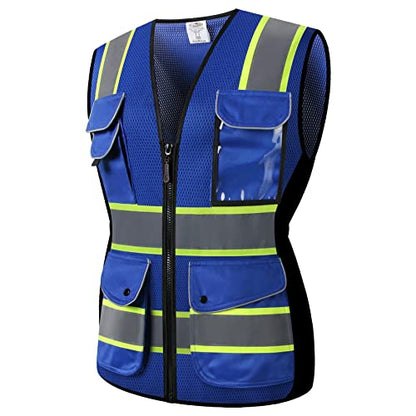 JKSafety Women Hi-Vis Reflective Safety Vest | Neon Color body Sewed Reflective Strips Breathable Lightweight ANSI Compliant - color: V168-blue, size: Small