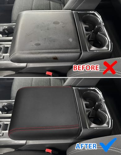 Center Console Cover for 2021-2026 Ford F150 Accessories, Vinyl Leather Middle Armrest Cusion Protector, Anti-Scratch, Black Red Stitches, Bucket Seat Only(not for Work Station) - size: Bucket Seat, 2021-2026 F150, red stitch
