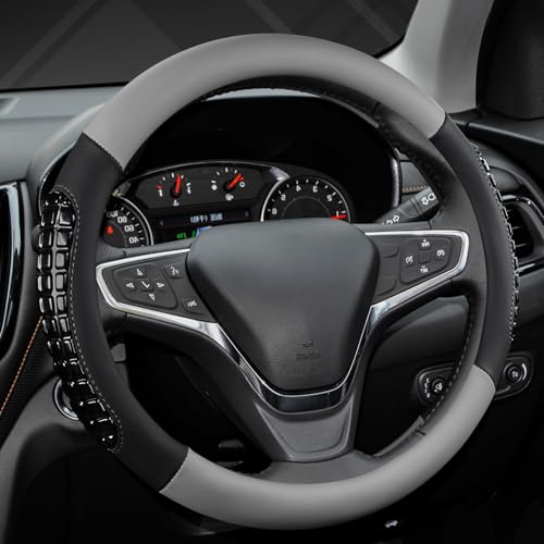 West Llama Nappa Leather Car Steering Wheel Cover Gel Massage,Cool in Summer,Universal 15 inch(Gray+Black-Standard Size) - color: F-Gray+Black, size: Standard size (14 ½''-15'')