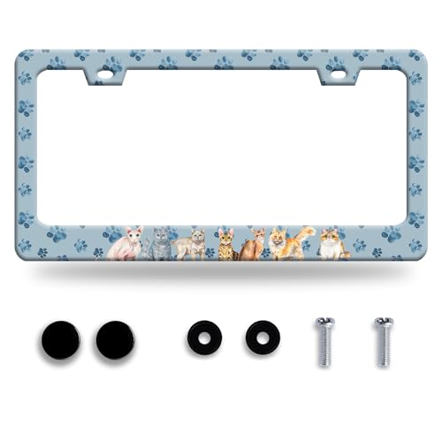 Personalise Cat License Plate Frame Pet Paw Prints License Plate Frames Car Universal Stainless Steel Accessories Cars Decor with 2 Holes and Screws Fits Standard Us Vehicles Size 12.2 X 6 Inches - color: Cat