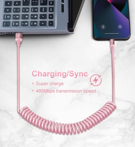 iPhone Charger Cable for Car 3FT, 2Pack Coiled Coiled Lightning Cable [Apple MFi Certified] iPhone Cable Compatible with iPhone14/13/12/11 Pro Max/XS MAX/XR/XS/X/8/7/Plus-Pink - color: Pink, size: 3ft, style: USB A to Lightning