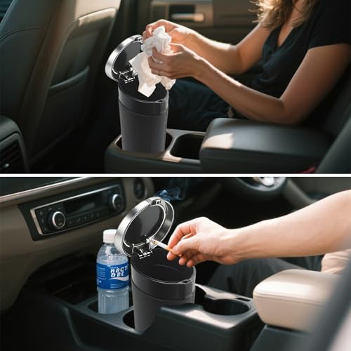 Car Trash Can Bin with Lid, Leakproof Garbage Can for Vehicle, Mini Trash Bin with 90 Attached Trash Bags, Easy to Clean Cup Holder Trash Can for Car, Home, Office - color: Black&Silver 1