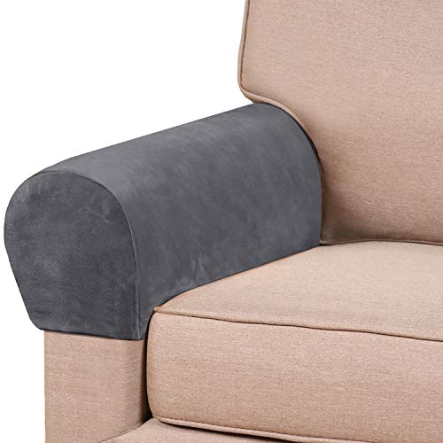 PrinceDeco 4 Pack Thick Velvet Stretch Armrest Covers for Chairs, Sofas & Armchairs - Non Slip, Grey - color: Grey