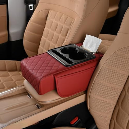 Car Center Console Pad Leather Armrest Pad w/Cup Holder, Tissue Box Slot, Side Bag, Phone Slot for Car Sedans (Quilted, Burgundy) - color: Burgundy, style: Quilted