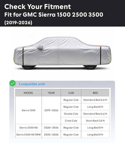Wigoo GMC Sierra 1500 2500 3500 Truck Car Cover Accessories 2019-2026, Custom Fit Waterproof All Weather Outdoor Pickup Cover, Windproof UV Rain Snow Dust Protection, Door Zipper, Reflective Strips - size: for GMC Sierra 1500 2500 3500 (2019-2026)