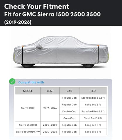 Wigoo GMC Sierra 1500 2500 3500 Truck Car Cover Accessories 2019-2026, Custom Fit Waterproof All Weather Outdoor Pickup Cover, Windproof UV Rain Snow Dust Protection, Door Zipper, Reflective Strips - size: for GMC Sierra 1500 2500 3500 (2019-2026)