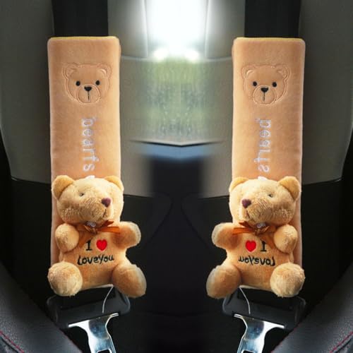 ZOSTLAND 2Pcs Car Seat Belt Pad Cover,Soft Auto Safety Strap Shoulder Pads,Plush Yellowish-Brown Cartoon Bear Doll Seatbelt Cover,Cute Harness Pad,Compatible with All Cars and Backpack(2Pcs Bear) - color: 2Pcs Bear