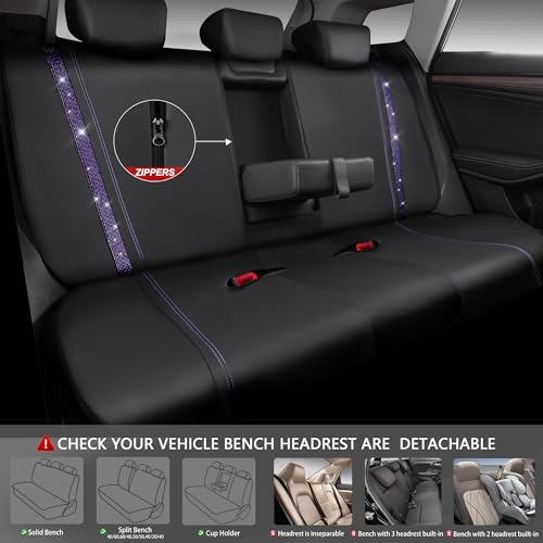 CAR PASS Bling Diamond Car Seat Covers Full Set,Shining Rhinestone Waterproof Faux Leather,Rear with Zipper,Universal Fit Automotive Glitter Crystal Sparkle Strips for Women,Violet Purple Rhinestone - color: Black Violet Diamond, size: Full Set