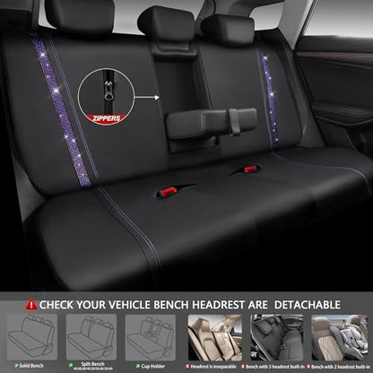 CAR PASS Bling Diamond Car Seat Covers Full Set,Shining Rhinestone Waterproof Faux Leather,Rear with Zipper,Universal Fit Automotive Glitter Crystal Sparkle Strips for Women,Violet Purple Rhinestone - color: Black Violet Diamond, size: Full Set