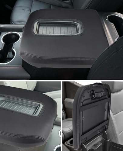 INTGET Center Console Cover for Chevy Silverado & GMC Sierra Accessories 2019 2020 2021 2022 2023 2024 2025 Leather Armrest Lid Arm Rest Box Protector(Black Stitches, Bucket Seat 19-25)