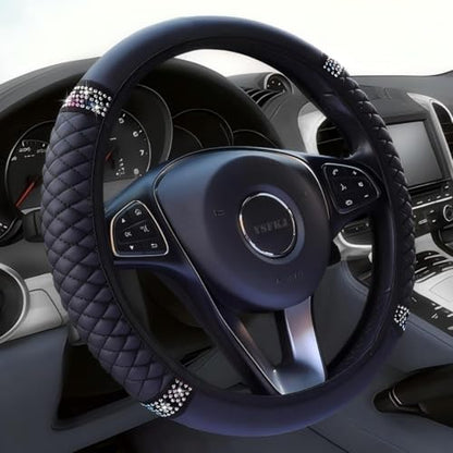 Soft Leather Car Steering Wheel Cover, Universal 15 Inch Colorful Rhinestones Anti-Slip Elastic Steering Wheel Covers for Most Cars, Sparkly Crystal Diamond for Women Girls (Black) - color: Black