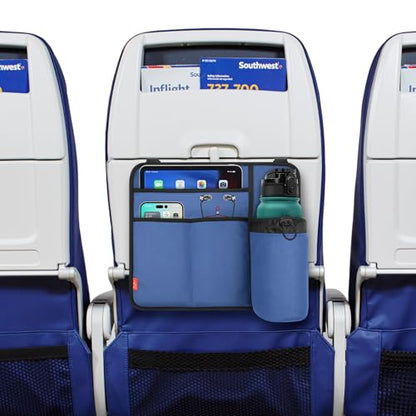 Airplane Seat Back Organizer & Storage, Airplane Tray Table Cover for Personal Items, Airline Seat Hanging Pockets Media Pouch,Reusable Travel Essentials,Fits Tablets,Cell Phone,Water Bottle (Blue) - color: Blue