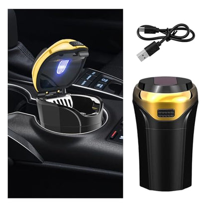 Car Ashtray with Lid, Detachable USB Rechargeable Auto Cigarette Lighter with Blue LED Light, Portable Smell Proof Stainless Car Ash Tray, Mini Automotive Trash Can (Golden) - color: Golden
