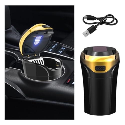 Car Ashtray with Lid, Detachable USB Rechargeable Auto Cigarette Lighter with Blue LED Light, Portable Smell Proof Stainless Car Ash Tray, Mini Automotive Trash Can (Golden) - color: Golden