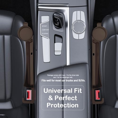 Car Seat Gap Plug with Storage Slot, Auto Gap Filler Organizer with Cup Holder, Universal Carseat Side Gap Filler Strip 2 Pack Between Front Seats & Console, Anti-Drop Pad with Seatbelt Holes, Brown - color: Brown, Cup Holder & Hook