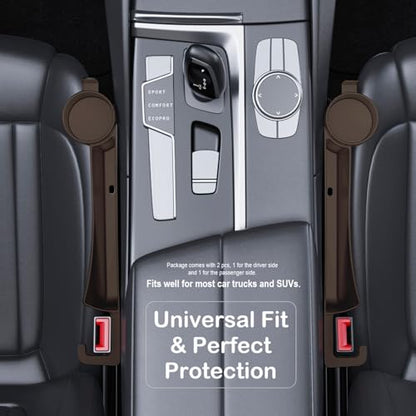 Car Seat Gap Plug with Storage Slot, Auto Gap Filler Organizer with Cup Holder, Universal Carseat Side Gap Filler Strip 2 Pack Between Front Seats & Console, Anti-Drop Pad with Seatbelt Holes, Brown - color: Brown, Cup Holder & Hook
