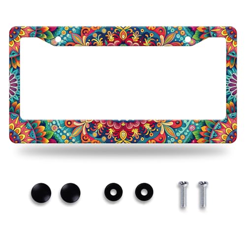 Boho License Plate Frame Beautiful Mandala Flowers License Plate Stainless Steel Funny License Plate Holder Hippie Car Accessories Decoration with 2 Screws Fits Standard Vehicles Size 12.3" x 6.3" - color: Boho Hippie Mandala Flowers