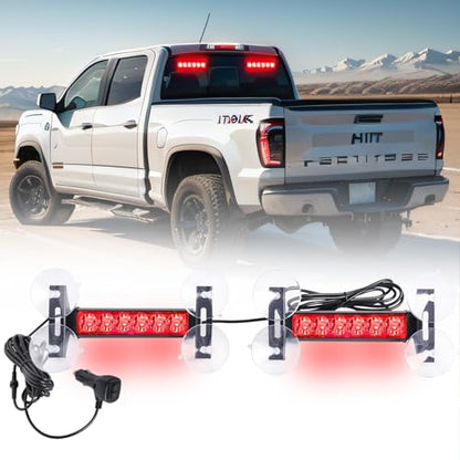 2X 6.1 inch Emergency Strobe Lights Red 12 LED Hazard Warning Flashing Safety Front/Rear Windshield Deck Split Grill Lights for Volunteer Firefighter Police Vehicles POV Trucks - color: Red