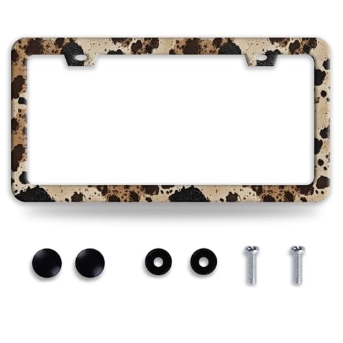 Brown Cow Print License Plate Frame Spots Texture License Plate Frames Funny Stainless Steel Accessories Cars Decor with 2 Holes and Screws Fits Standard Us Ca Vehicles Holder 12.2 X 6 Inch - color: Brown Cow Print