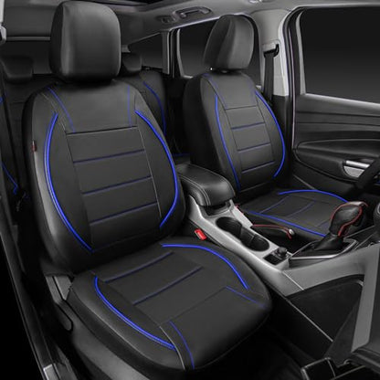 CAR PASS Universal FIT Piping Leather Car Seat Cover, for suvs,Van,Trucks,Airbag Compatible,Inside Zipper Design and Reserved Opening Holes (Full Set, Black and Blue) - color: Blue Black