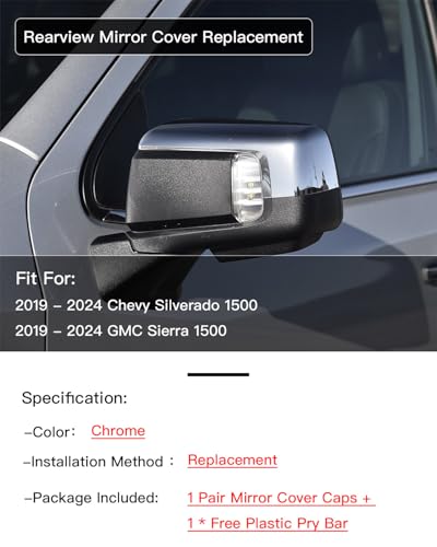 Mirror Cover Cap Trim Compatible with 2019-2024 Chevy Silverado 1500, GMC Sierra 1500 Chrome - color: Chrome