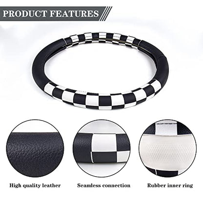 Evankin Lattice Leather Steering Wheel Cover, Black and White Checker Car Accessories, Non-Slip and Comfortable Unisex Universal Steering Wheel Cover 15 inch for Women Men (Black and White Checker) - color: leather Black and White Checkered