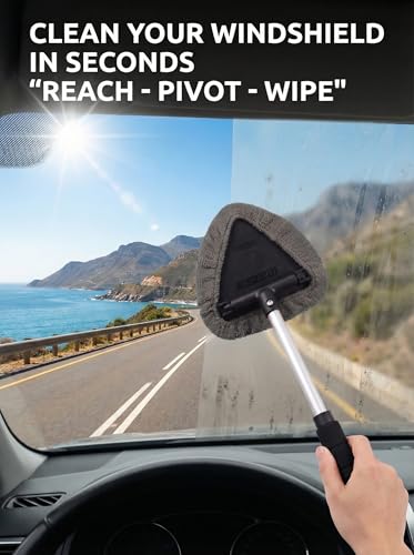 TAKAVU Car Window Cleaning Tool, Windshield Wiper Cleaner with Extendable Long-Reach Handle, 3 Washable Reusable Microfiber Bonnets, Car & Home Inside Interior Exterior Use - Lint Free (Grey) - color: Black & Grey