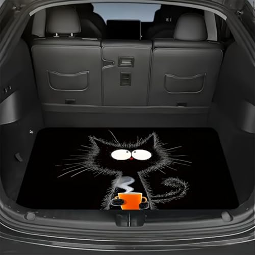Universal Car Trunk Mat 29" x 39", Cat with Coffee Cup All Weather Trunk Protection Cargo Liner,Durable Cargo Mat Rear Trunk Liner, Stylish Vehicle Interior Accessories Suitable for Most Car Models - color: Cat with Coffee Cup