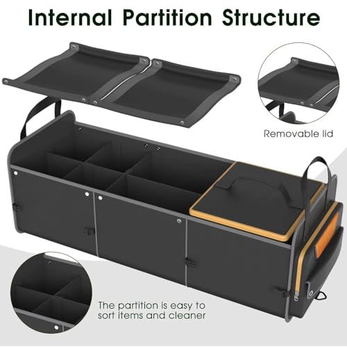 Extra Large Car Trunk Organizer with Insulated Leakproof Cooler, Heavy Duty 2mm PE Board, Adjustable Compartments with 4 Removable Dividers, 2 Securing Straps, Foldable SUV & Truck Storage Organizer