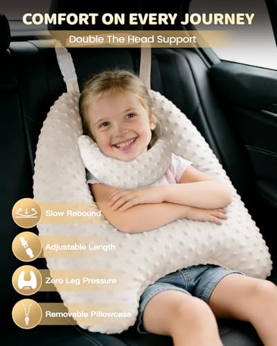 Memory Foam Kids Travel Pillow, Car Pillow for Kids, H-Shape Car Pillows for Sleeping, Removable Pillowcase, Adjustable, Velvet Dots, Beige - color: Velvet Dots Beige