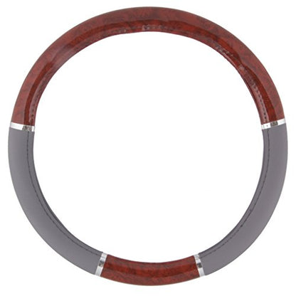 BDK Dark Wood Grain Car Steering Wheel Cover, Standard 15 inch with Gray Faux Leather Grip, Made to Fit Most Auto Truck Van SUV - color: #10 Gray / Dark Wood, size: Fits 14.5 - 15" Sw