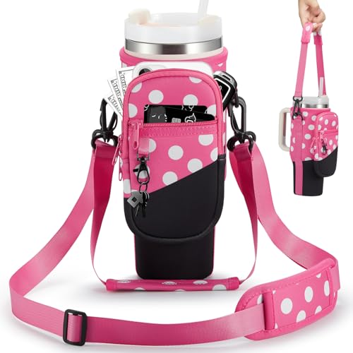 BULKITEM Water Bottle Carrier Bag with Phone Pocket for Stanley 40 & 30 oz Tumbler with Handle,Pink Insulated Neoprene Cup Holder Pouch w/Adjustable Strap for Quencher H2.0 Stanley Cup Accessories - color: Polka Dot Pink, size: 30oz