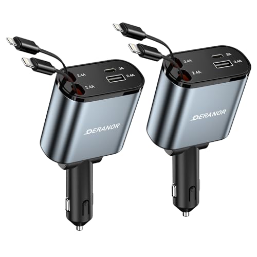 [2 Pack] Retractable Car Charger 4 in 1 Fast Car Phone Charger 69W, USB C Car Truck Accessories Adapter with 2X Retractable Phone Charger Cords and USB Port for i Phone 16/15/14/13,for Samsung S25/S24 - size: L + L Retractable Cords