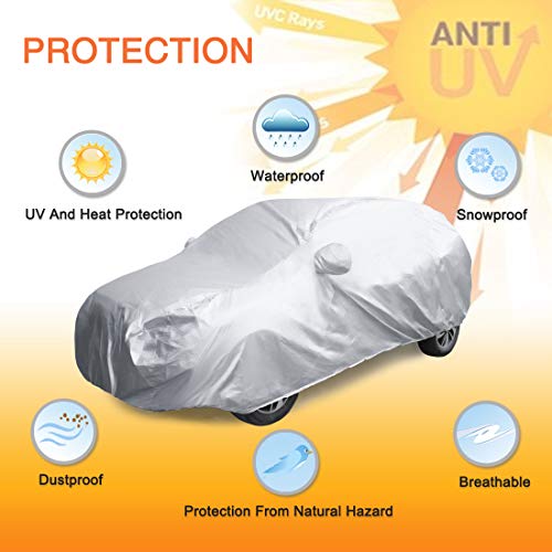 uxcell YL Silver Tone 190T Car Cover Outdoor Weather Waterproof Scratch Rain Snow Heat Resistant W Mirror Pocket 480 x 185 x 170cm - size: YL