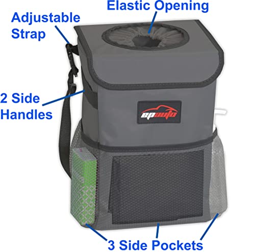 EPAuto Waterproof Car Trash Can with Lid and Storage Pockets, 2.5 Gallon Leakproof, Dark Gray - color: Dark Grey
