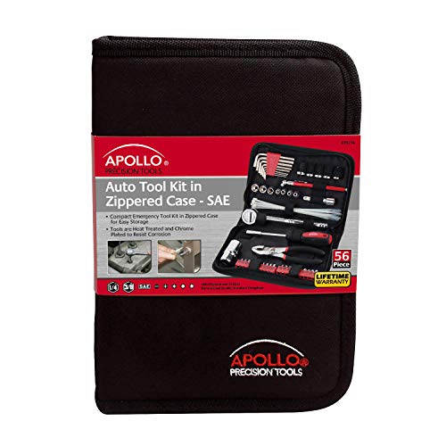 Apollo Tools 56 Piece Compact SAE Auto Tool Set in Zippered Case, Small Mechanic Tool Set for Car Emergency, Motorcycle Repair on the Road, Great for Travel Tool Needs - Red - DT9774 - size: 56 Piece, style: SAE