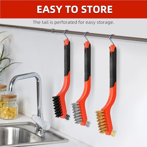 3pcs Wire Brushes for Cleaning Rust, Upgrade Wire Brush Set - Brass/Stainless Steel/Nylon Bristles, Small Metal Wire Brush with Curved Handle Grip, Wire Brushes for Paint and Stain, 7 Inches (3pcs) - style: 3pcs