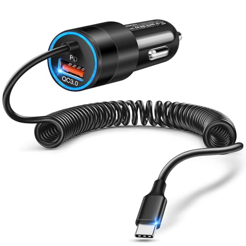 USB C Car Charger, 38W Dual Ports USBC & USB-A Cigarette Lighter Adapter Fast Charging Phone Plug with Bulit-in 1.2m Coiled Cable for iPhone 17 Pro Max,16,16e,15, 14, 13, Galaxy S25, S24, Pixel 7 - color: 1-Pack Black