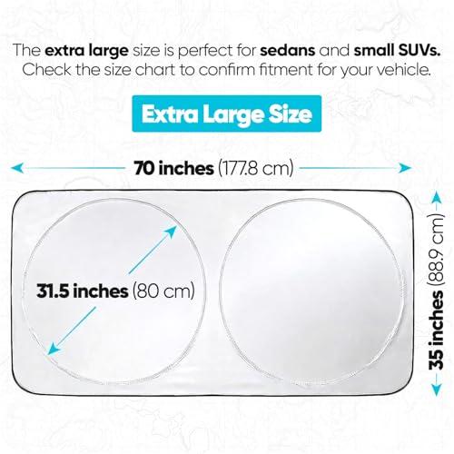 FORTEM Car Sun Shade for Windshield, Reflective Windshield Sunshade, 240T Polyester, Automotive Interior Sun Protection, Ultimate Heat and UV Shield, Foldable, Storage Bag - size: Extra Large (70" x 35")