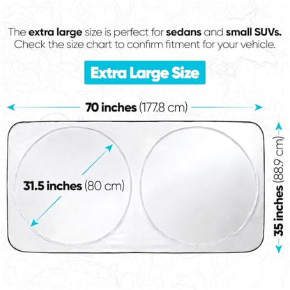 FORTEM Car Sun Shade for Windshield, Reflective Windshield Sunshade, 240T Polyester, Automotive Interior Sun Protection, Ultimate Heat and UV Shield, Foldable, Storage Bag - size: Extra Large (70" x 35")