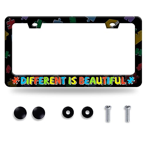 Different is Beautiful License Plate Frame Autism Awareness License Plate Stainless Steel Auto Parts Funny License Plate Decorative with Screws Size 12.3" x 6.3" Men Women - color: Different is beautiful